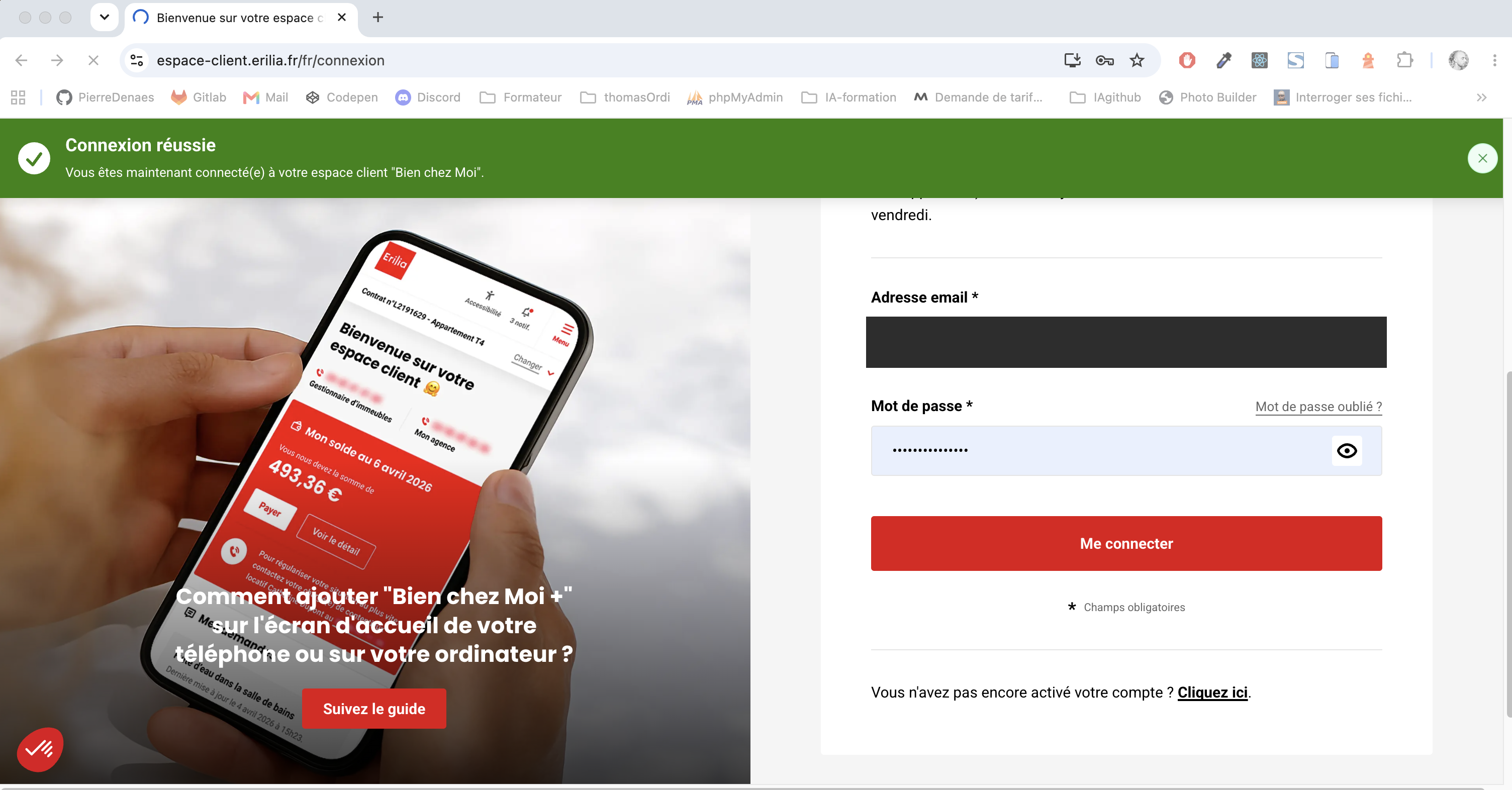 Bandeau vert de connexion réussie sur l'espace client Erilia, adresse e-mail masquée